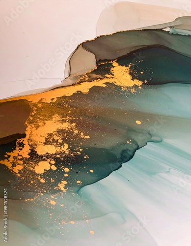 Gold dust on blue and green fluid art with soft lines and graceful curves in an abstract design