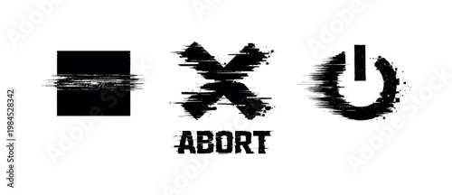 Digital emergency halt and system abort theme, a set of 3 glitch-distorted monochrome objects placed on a perfectly clean white background, each object exhibiting its own