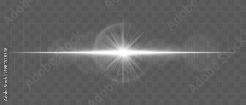 Abstract glowing energy burst with radiant light waves and horizontal beam, lens flare effect with soft diffusion and subtle particles on transparent background