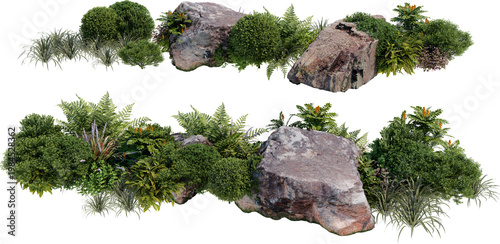A small garden decorated with stones and various plants on a transparent background.