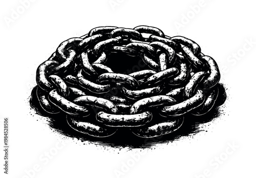 A heavy chain coiled into a dense circular pile viewed from slightly above, dominating the composition as a single massive object on a clean white background, with