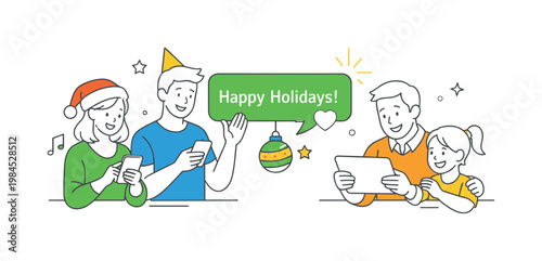 A digital seasonal outreach concept where people send messages and well wishes through online platforms during holidays and celebrations, depicted through a simple scene