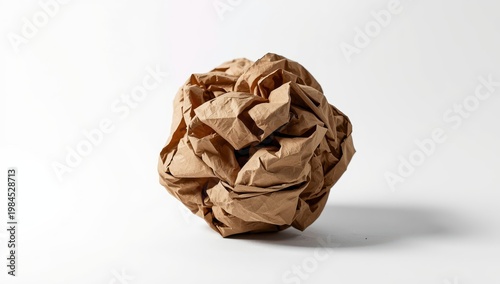 wrinkled brown paper sphere on white backdrop