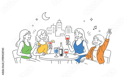 Girls night out in an urban environment where friends enjoy an evening of socializing and entertainment together, visualized through a small table with drinks and a