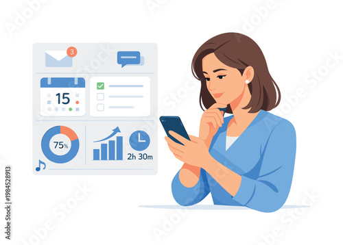 Human-centered technology usage in everyday life where a person manages tasks, communication, and information through digital interfaces, represented by a smartphone