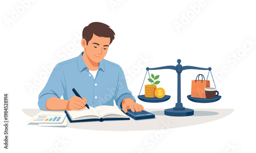 A financial planning moment where an individual reviews accounts and ensures balance between spending and saving, illustrating awareness, discipline, and stability in