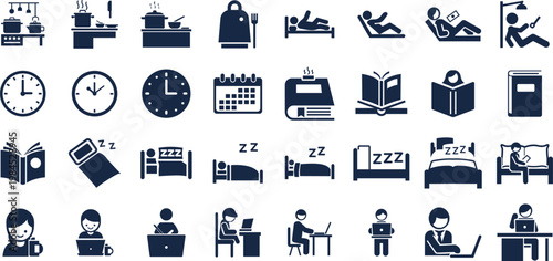 Set of daily routine and lifestyle icons. A collection of common symbols and icons representing transportation, weather, and daily activities. set of vector icons with different elements. Silhouettes