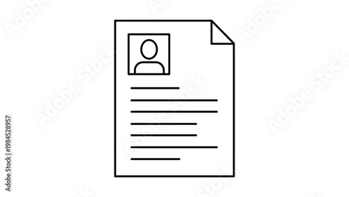 Minimalist black line vector icon of a resume or curriculum vitae document on a white background. This clean illustration features a profile picture and text lines for career applications.