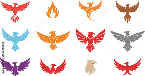Set of phoenix bird logos with fire flame elements colorful abstract flying eagle symbols mythological rebirth icons vector illustration collection