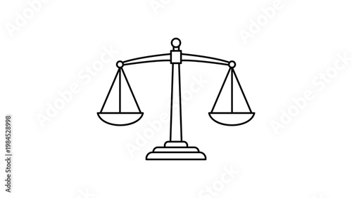 Scales of Justice vector icon illustration. Minimalist black line art on a white background. Balanced legal symbol representing law, court, equality, and fairness. Scalable SVG graphic design.