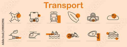 Transport set icon. Line symbols depict drone delivery, cargo truck, metro train, surfboard, rearview mirror, cloud transport, fuel nozzle, helicopter, motorboat, jet ski, side mirror