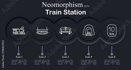 Train station set icon. Neomorphic dark interface circles with line symbols of locomotive train engine, station platform sign, luggage trolley cart, railway tunnel entrance, distance marker