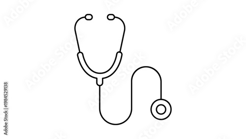 Minimalist black line vector icon of a stethoscope isolated on a white background. This clean outline illustration represents medical care, healthcare, and doctor tools. Scalable graphic asset.