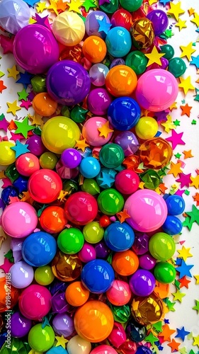 Colorful round objects and stars scattered over a white surface create a lively display of shapes and hues