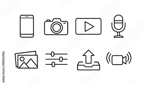 Content creation for social media: smartphone, camera, video play button, microphone, image gallery, editing sliders, upload arrow, live stream icon.