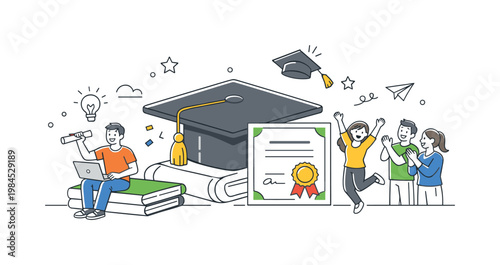 Academic achievement in an educational setting where students celebrate completing studies or passing exams, depicted by a graduation cap and a certificate as the main