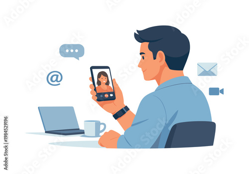 An individual maintaining personal and professional relationships through online communication tools, illustrated by a person holding a smartphone with a minimal video