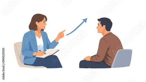 A professional guiding personal and career development in a supportive setting, represented by a coach sitting with a client while pointing toward a simple upward arrow,