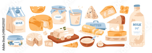 Dairy products set with milk, cheese, yogurt, and butter. Healthy breakfast, nutrition. Flat vector illustration for farm, grocery, and healthy food concepts.