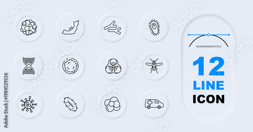 Virus and microbiology set icon. Bacteria cell, virus mutation, microbes, pathogen organism, DNA structure, biohazard symbol, infection spread, microscopic bacteria, virus particles