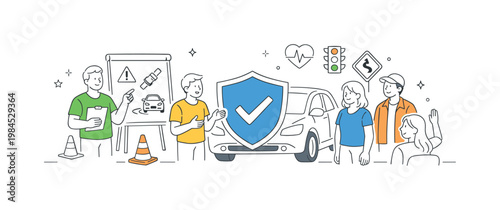 Car accident safety awareness scenario showing drivers learning preventive measures and understanding road responsibility in a controlled setting, using a car and a