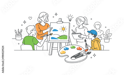 Art class environment where students actively learn and practice creative skills under guidance of a teacher, represented by a shared easel with a simple canvas and a