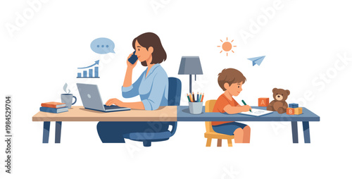A parent working from home while simultaneously caring for a child, balancing professional responsibilities with family life in a modern environment, visual metaphor of a
