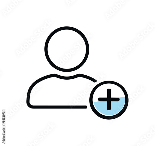 User onboarding and account creation in digital platforms, a simple human figure icon paired with a small plus symbol indicating addition and registration, expressing