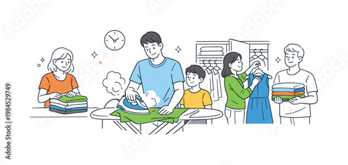 Household ironing routine where an individual carefully presses clothes to maintain a neat and organized wardrobe, represented by an ironing board and a steam iron as the