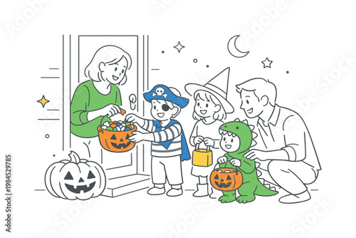 Halloween evening social interaction with children and families participating in trick-or-treat tradition, visualized through a small group gathered around a house door