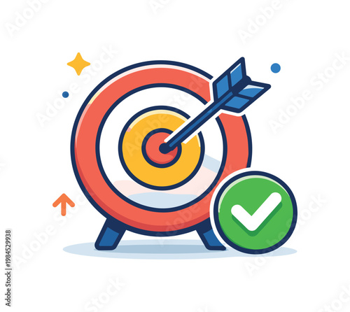 Goal setting focused on defining objectives and achieving success in a personal or professional context, a target with an arrow hitting the center and a small checkmark
