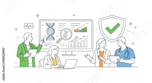 Genetic research medical advancement scenario showing professionals interpreting genetic information to support healthcare decisions, with a data screen and a single