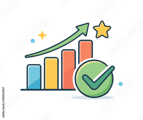Workplace promotion and success achieved through dedication, performance and goal-oriented actions over time, a chart with an upward trend paired with a checkmark and a
