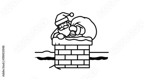 Santa Claus coming down chimney with bag