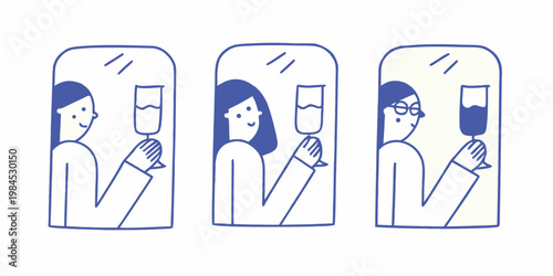 Three people raising glasses in separate phone screen illustrations