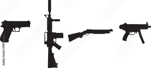 Set of Firearms Silhouettes: Pistol, Assault Rifle, Shotgun, and SMG

