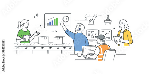Individuals managing automated production processes and monitoring workflow in a modern factory setting, visualized with a metaphor of a conveyor belt with minimal