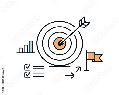 Goal setting and strategic planning in personal or business development, a clean target with a central bullseye and an arrow hitting the center symbolizing precision and