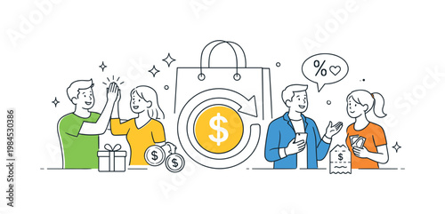A retail promotion scenario where businesses offer cashback incentives to attract and retain customers, visualized by a small group interacting near a simple shopping bag