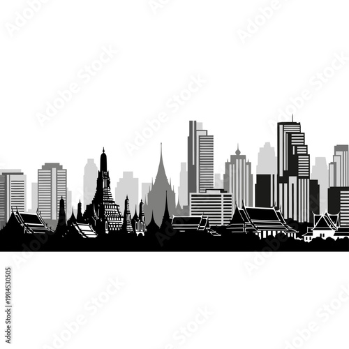 Detailed Silhouette of Bangkok City Skyline in Thailand.
