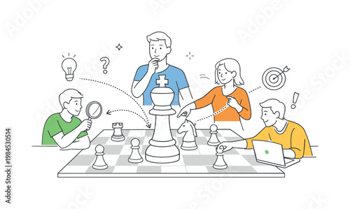 Person developing problem-solving skills and anticipating outcomes through thoughtful gameplay and analysis, visualized with a metaphor of a central chess piece guiding