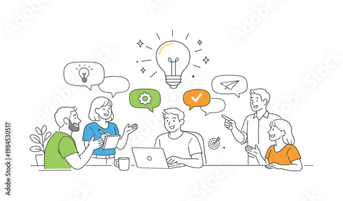 Office discussion brainstorming scenario showing coworkers generating ideas and collaborating creatively to improve a project outcome in a modern office setting, using a