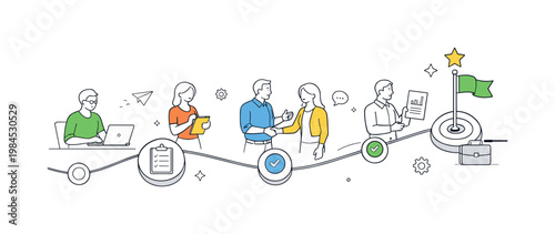 A structured steady workflow scenario where a team maintains consistent movement of tasks through each stage without disruption or delay, built around a visual metaphor