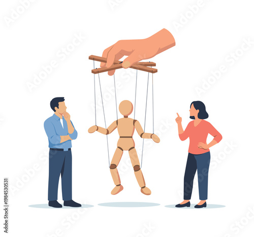 Psychological and conceptual metaphor theme where puppet control represents external influence over behavior and decision-making in abstract situations, represented by a