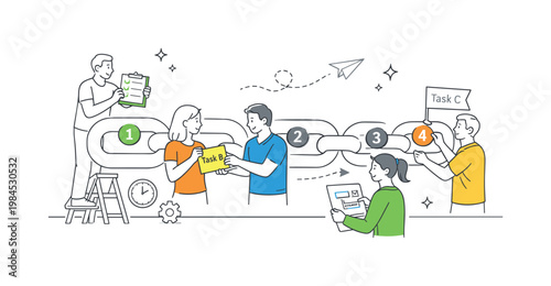 A task dependency management and execution order scene showing a small team arranging work around a large connected chain and ordered steps, using a clear visual metaphor