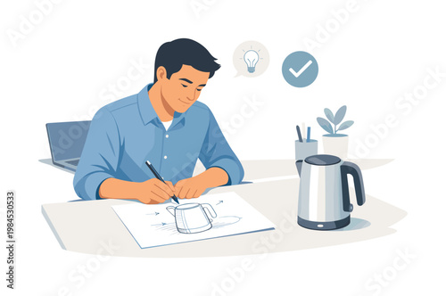 Product design development scenario where a professional designer refines a concept through sketching and prototyping in a modern workspace, representing creativity,
