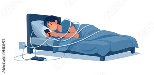 A person lying in bed late at night illuminated only by a glowing smartphone while ignoring sleep, representing unhealthy digital habits and disrupted rest in everyday