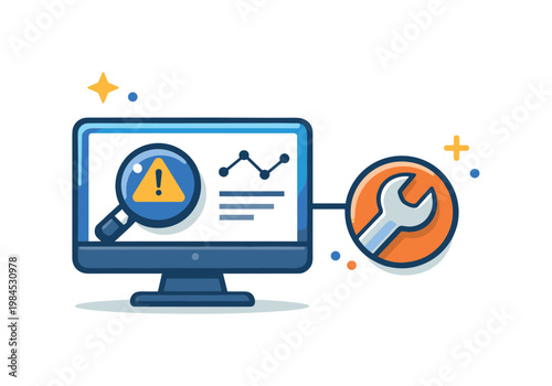 Technical troubleshooting process focused on identifying and resolving system issues in digital environments, a computer monitor connected to a small wrench icon