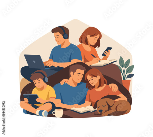 A family spending extended time together indoors during quarantine, balancing work, study, and leisure activities in a shared environment, representing adjustment and