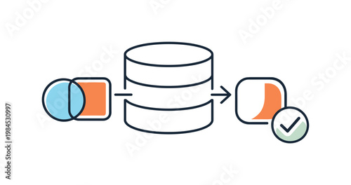 Data deduplication and removal of redundant records in structured databases for optimized storage, a simple database cylinder with two overlapping shapes merging into one